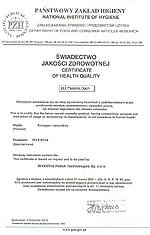 �wiadectwo jako�ci zdrowotnej wydane przez Pa�stwowy Zak�ad Higieny.